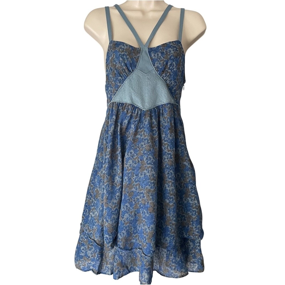 Free People Linen Blend‎ Floral Mini Dress Boho Y2K Womens XS Blue